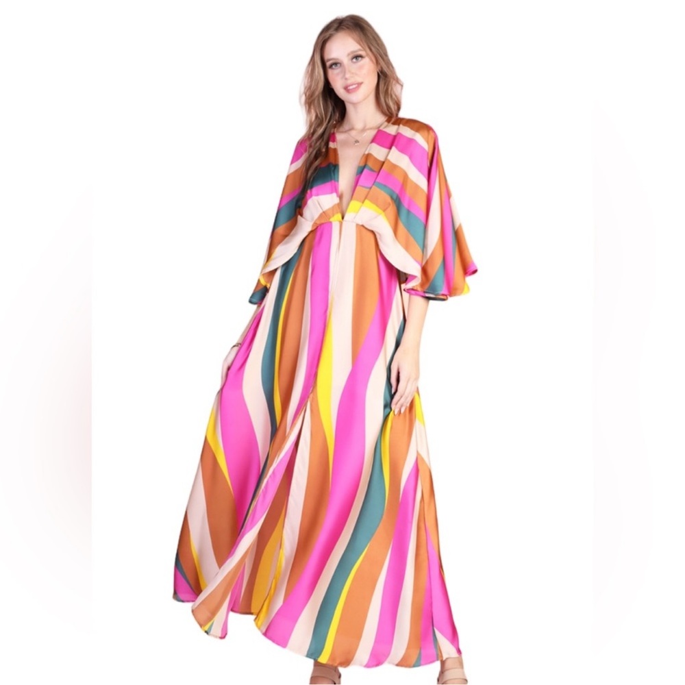 #47. NWT Women’s Colorblock Stripe Kimono Maxi Lined Dress Super Silky